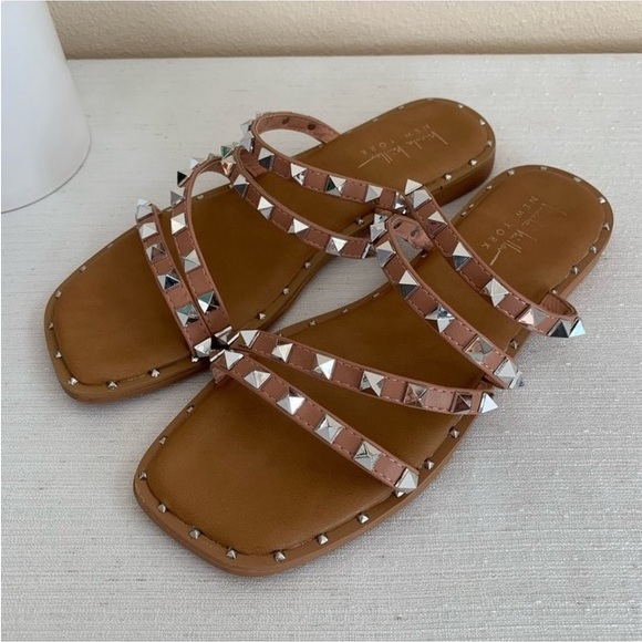 Nicole Miller Coralinne Tan/Pink Studded Strappy Slide Sandals Woman’s - Picture 1 of 4